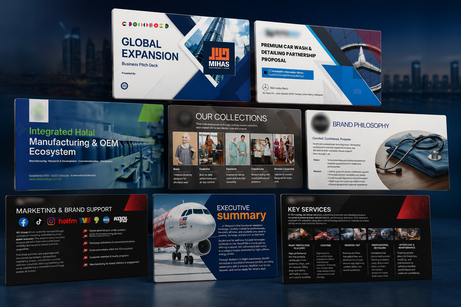 Selection of professional business decks created across automotive, manufacturing, healthcare, aviation and retail industries