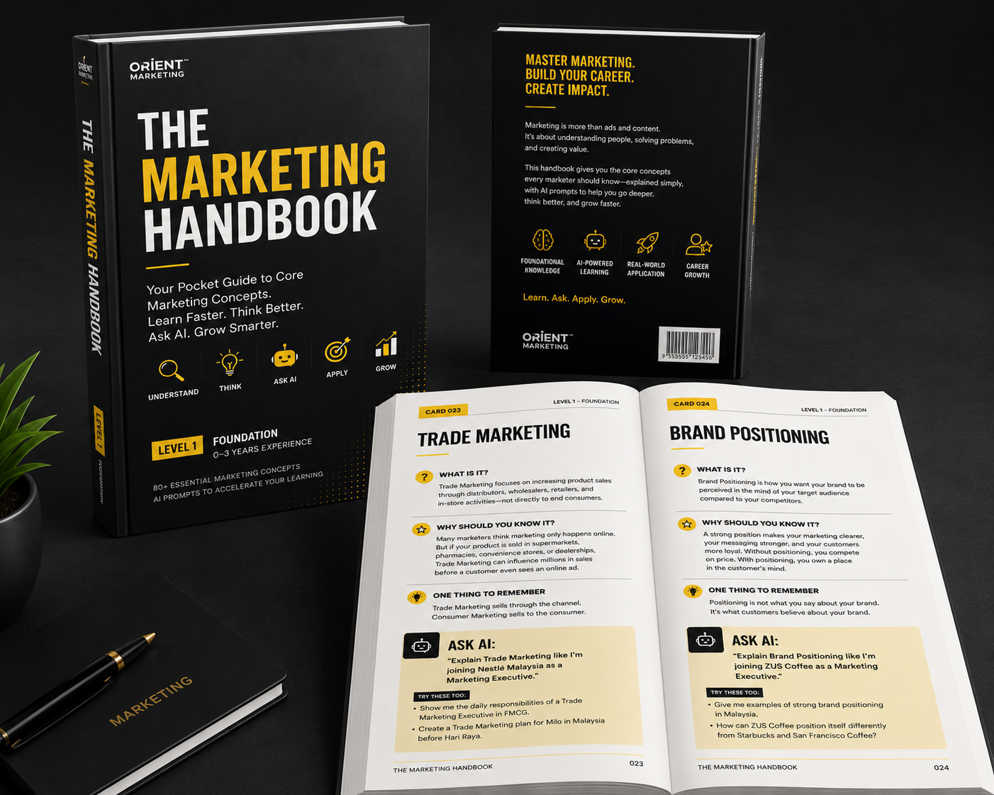 Preview of The Marketing Handbook by ORIENT showing the front cover, back cover and sample pages on trade marketing and brand positioning
